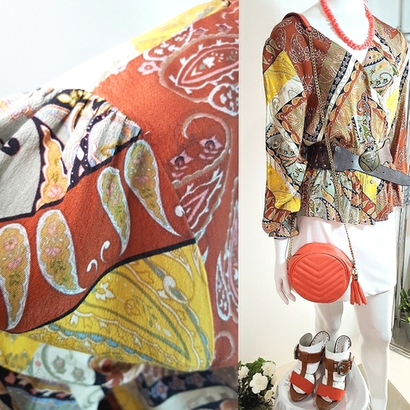 DEX🍂Multicolor Paisley Balloon Long Sleeves Peplum Blouse/ Top - Picture 5 of 10